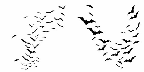 A swarm of black bat silhouettes flying in a chaotic formation against a white background
