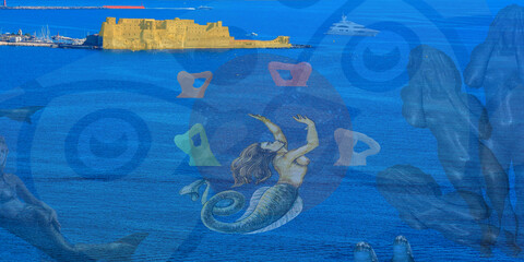DREAM N°64 – Gulf of Naples with mermaid and castle, surreal sea fantasy over blue waters