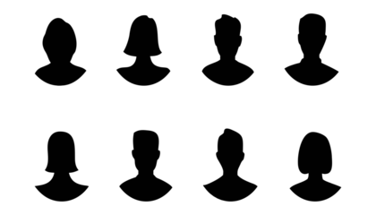 Silhouettes of diverse male and female heads in front view, minimal black shapes on white background. Perfect for avatar, icon, or identity design use. High-quality vector people illustration set.