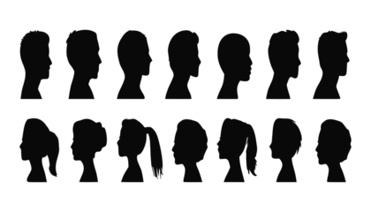 Silhouettes of male and female heads in profile view, black figures on white background. Perfect for avatar, identity, or design templates. High-quality vector human face illustration set.