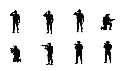 Silhouette of soldiers in various action poses, standing and kneeling with salute and weapon stances. Ideal for military,  or tactical design themes. High-quality vector army illustration.