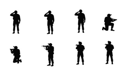 Silhouette of soldiers in various action poses, standing and kneeling with salute and weapon stances. Ideal for military, or tactical design themes. High-quality vector army illustration.