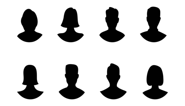 Silhouettes of diverse male and female heads in front view, minimal black shapes on white background. Perfect for avatar, icon, or identity design use. High-quality vector people illustration set.