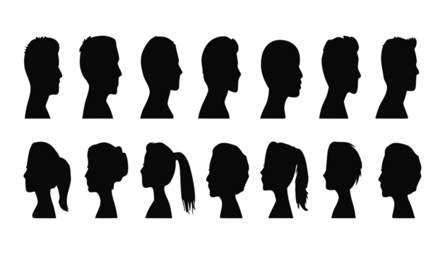 Silhouettes of male and female heads in profile view, black figures on white background. Perfect for avatar, identity, or design templates. High-quality vector human face illustration set. - Powered by Adobe