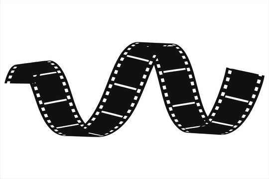 Black wavy film strip on white background, retro cinema filmstrip silhouette with perforated sprocket edges and empty frames, cinematic media design element for vintage photography and motion picture.