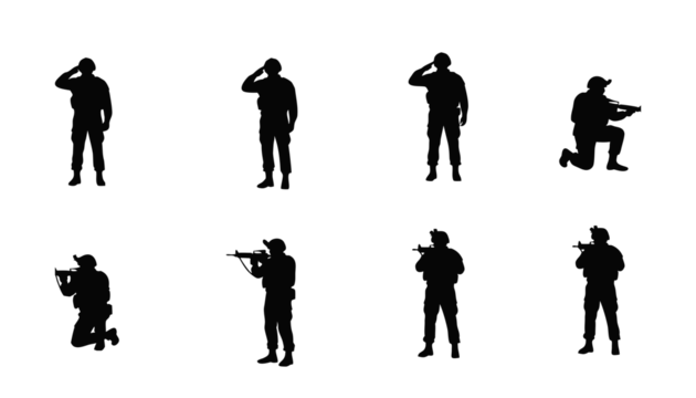 Silhouette of soldiers in various action poses, standing and kneeling with salute and weapon stances. Ideal for military,  or tactical design themes. High-quality vector army illustration.