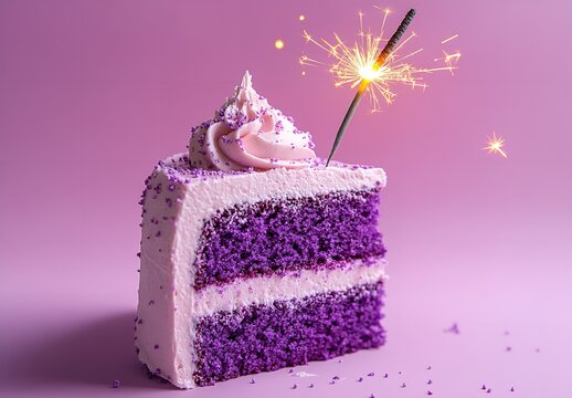 Celebrate with vibrant purple cake and sparklers for joy and happiness, perfect for birthdays, special occasions and sweet moments of pure delight