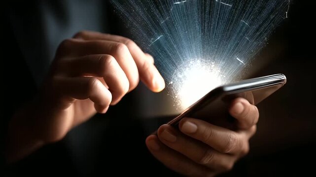 Person hands using smartphone with login interface overlay hologram for data privacy and cybersecurity authentication on dark background. data privacy online security identity
