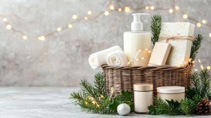 A beautifully arranged gift basket featuring skincare products, towels, and decorative elements, set against a softly lit background.