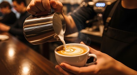 Barista carefully crafts a creamy cappuccino with latte art, showcasing the art of coffee preparation in a cozy cafe setting