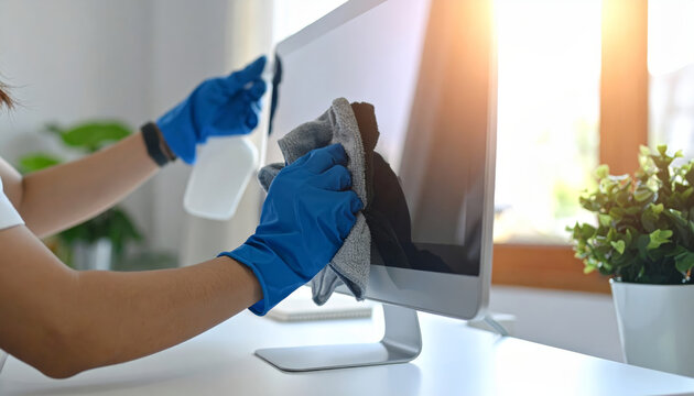 Gloved hands clean computer monitor microfiber cloth wipe screen spray bottle desk workspace home office hygiene care bright daylight tidy fresh feeling - Powered by Adobe