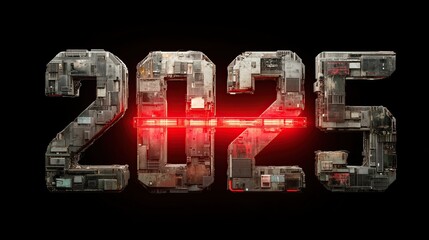 Creative futuristic design for the year 2025 with a sleek, industrial style and glowing red accents on a black background