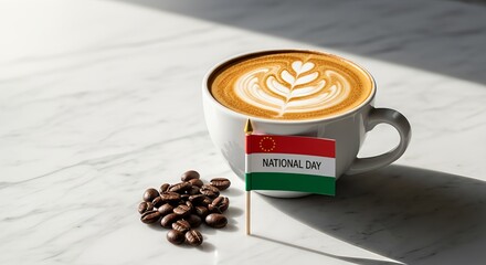 A delicious foamy cappuccino or latte coffee with roasted beans and a small flag celebrating a national day, perfect for coffee lovers