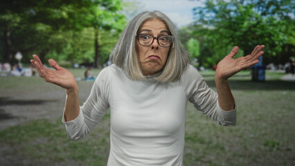 Woman shrugs palms in a green park, grey hair and glasses visible, middle aged shrugging expression...