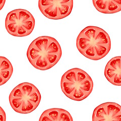 Seamless pattern Illustration featuring hand-drawn red tomato slices and cross sections