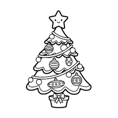 Decorated christmas tree with ornaments outline