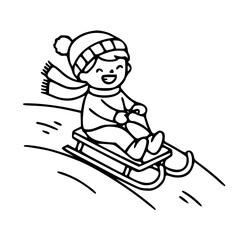Child sledding down snowy winter hill