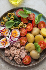 Nicoise with tuna, new potatoes, cherry tomatoes, green beans, hard-boiled eggs and olives, vertical shot, middle closeup