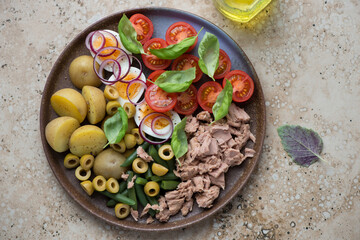 Plate with ingredients for nicoise salad or french salad with tuna, horizontal shot on a beige granite background, above view