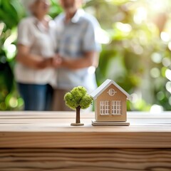 elderly couple standing behind miniature home, soft sunlight and bokeh, savings success concept
