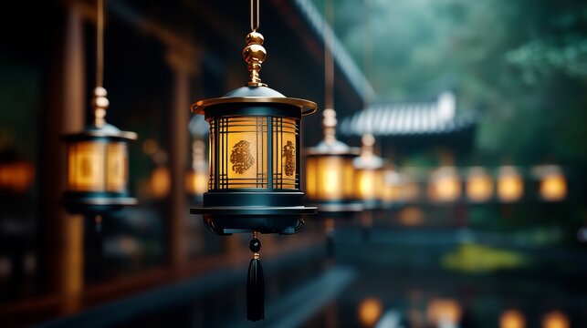 several traditional lanterns hanging in row.