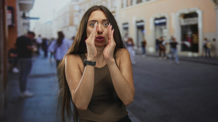 Woman cupping hands to mouth on a busy city street with blurred pedestrians and storefronts, calling out loudly; urgent call for help.