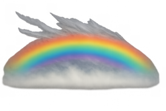 Rainbow arc forming over clouds against a transparent background representing hope, joy, and weather phenomena