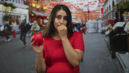 Woman in red shirt holding a red piggybank, biting her nails and clutching the coin box on a busy...