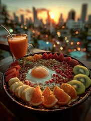 Colorful breakfast spread with fresh fruits and a sunny view during sunset in a city atmosphere