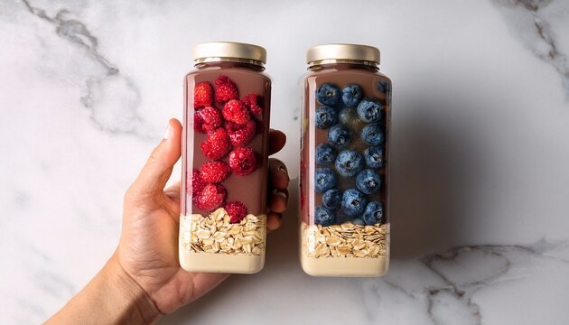oatly oat drink cartons in mixed berries flavor and salted toffee flavor held in a hand against a light marble background