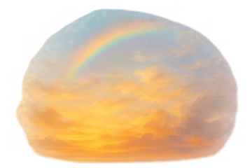 Rainbow arc appearing over an overcast sunset sky with golden clouds and light on transparent background