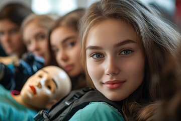 Group of young individuals participating in CPR training with a dummy while looking at the camera in a well-lit training environment