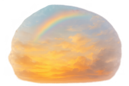Rainbow arc appearing over an overcast sunset sky with golden clouds and light on transparent background