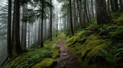 Fototapeta premium Misty forest path winding upward through tall trees