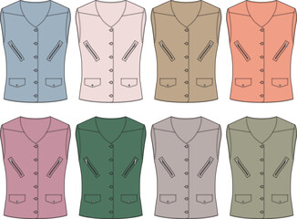 Collection of eight different color vests, showcasing various shades for fashion and style