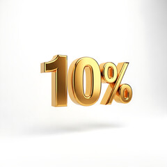 Brilliant 3D Gold "10%" (Ten Percent) Symbol Floating on a White Background