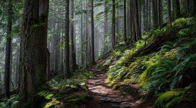 Misty forest trail. Sunlight filters through tall trees