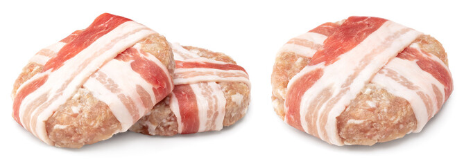 raw burger meat with bacon isolated on white background. clipping path