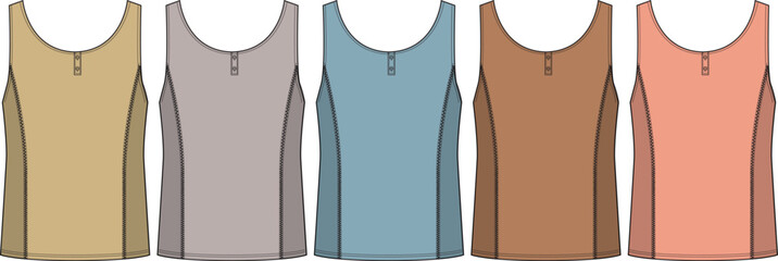 A vibrant collection of five diverse sleeveless tops, showcasing a modern half-zip design in a range of earthy and soft pastel hues, perfect for contemporary fashion and apparel design concepts