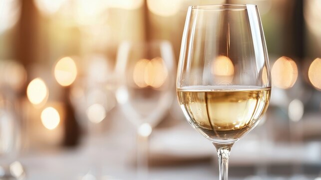 A close-up of a glass of white wine, captured in a softly lit setting, highlighting its clarity and reflections against a blurred background.