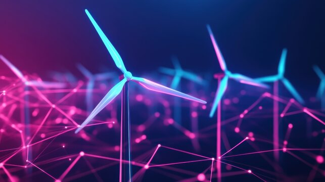 AI Smart Energy Network with Wind Turbines and Digital Neon Connections.