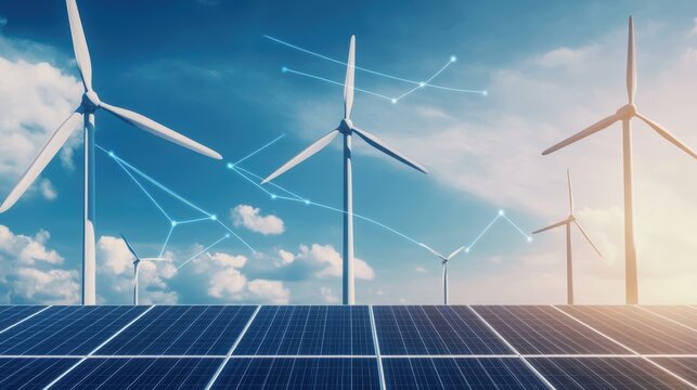 Smart Renewable Energy Connection Concept with Wind Turbines and Solar Panels under Blue Sky.