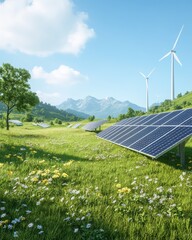 Solar Panels and Wind Turbines in Mountain Field with Wildflowers.