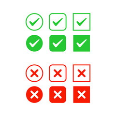 Set of green checkmarks and red cross marks in circles and squares on a white background representing approval and rejection symbols