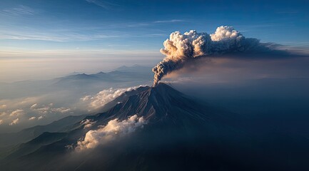 Volcanic eruption plumes over mountain range