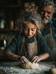 Child learning to bake bread with elder in rustic kitchen during late afternoon