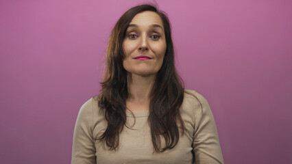 Obraz premium Young hispanic woman wearing beige sweater shows thumbs up gesture in pink wall studio; approval confidence positivity.