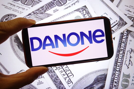 Konskie, Poland - September 28, 2025: Danone company logo displayed on mobile phone