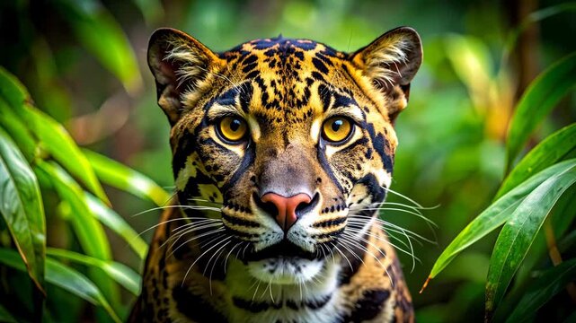 Close-up of a Clouded Leopard in Lush Green Jungle Environment.