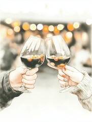 Cheers to celebration with glasses raised at a joyful gathering in a lively venue during evening hours